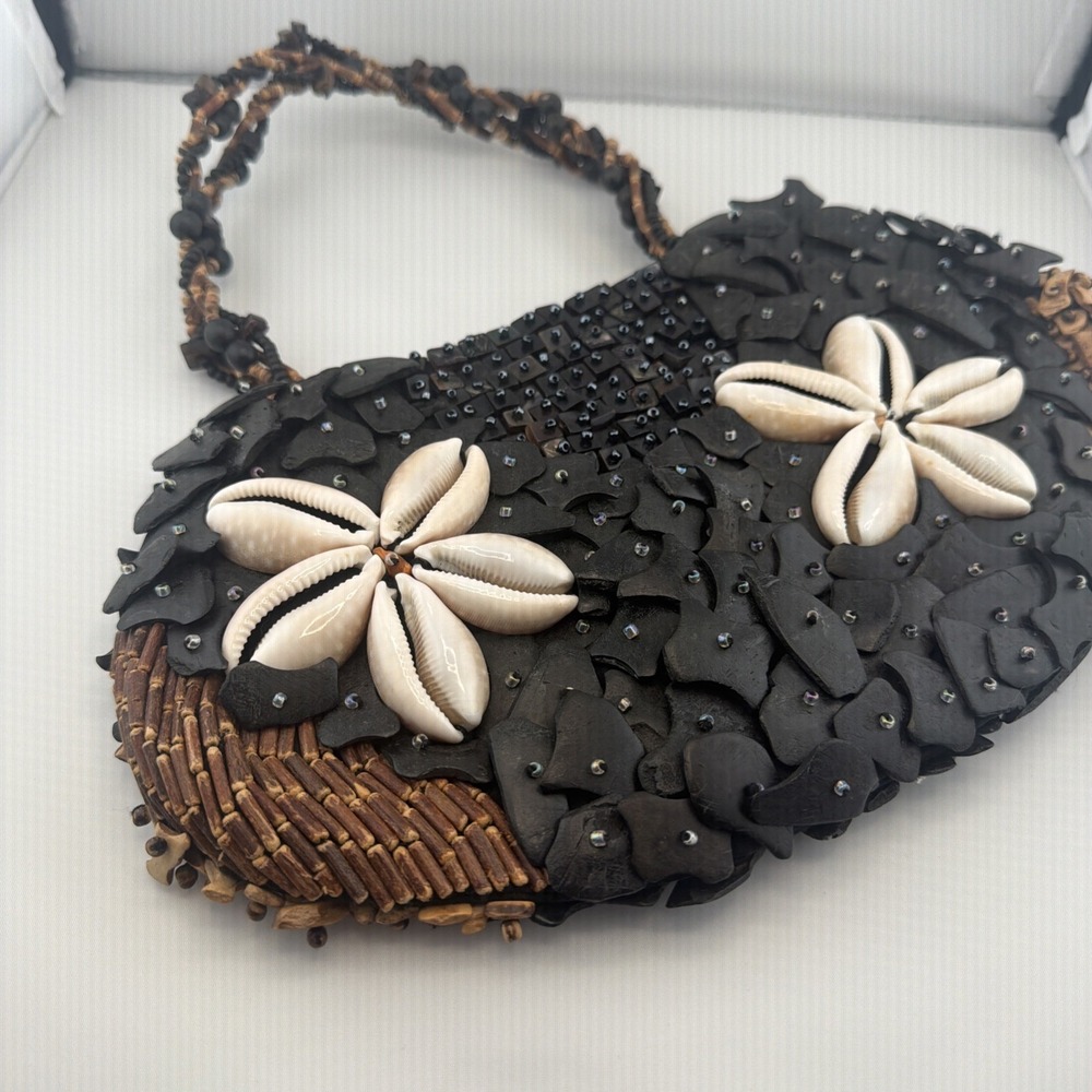 Artisan Handcrafted Cowrie Shell Flower Wood Bead Mosaic Boho Statement Handbag